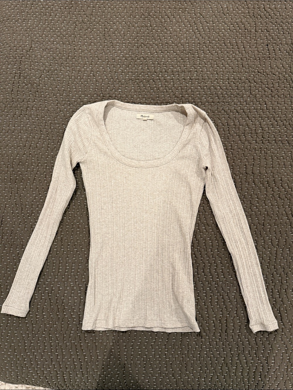 Madewell Oatmeal Ribbed Scoop-Neck Long Sleeve Top